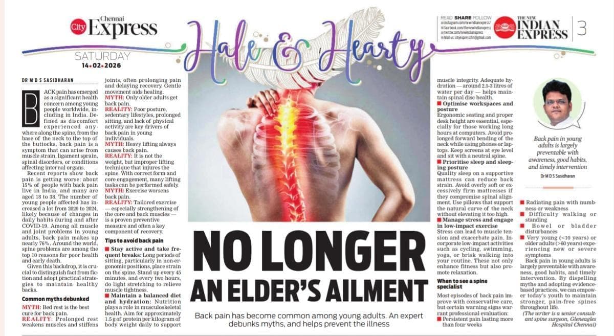 The New Indian Express — “No Longer an Elder’s Ailment” — Dr. Sasidharan’s own feature on why back pain is rising in young adults, and how to prevent it.